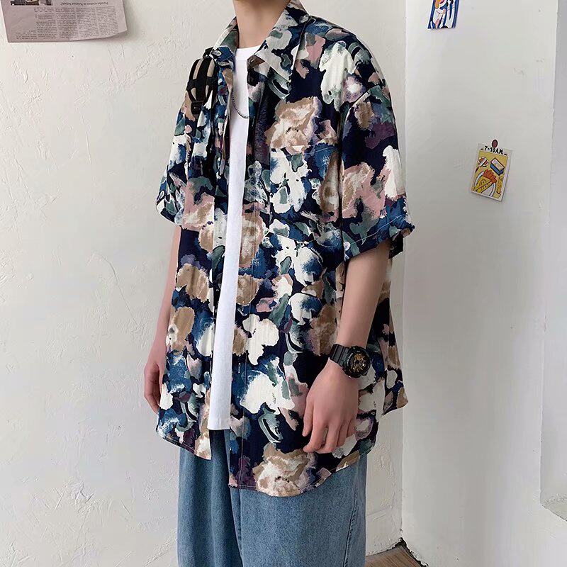 港风复古油画花卉短袖衬衫男夏季