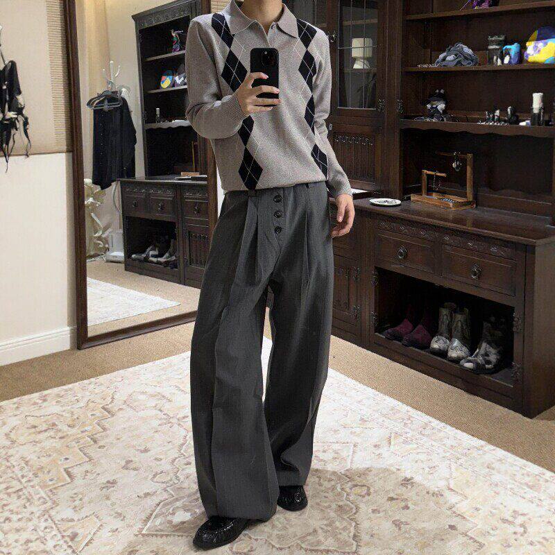 老钱风条纹排扣褶皱西裤男女秋冬慵懒复古垂感宽松百搭休闲长裤子