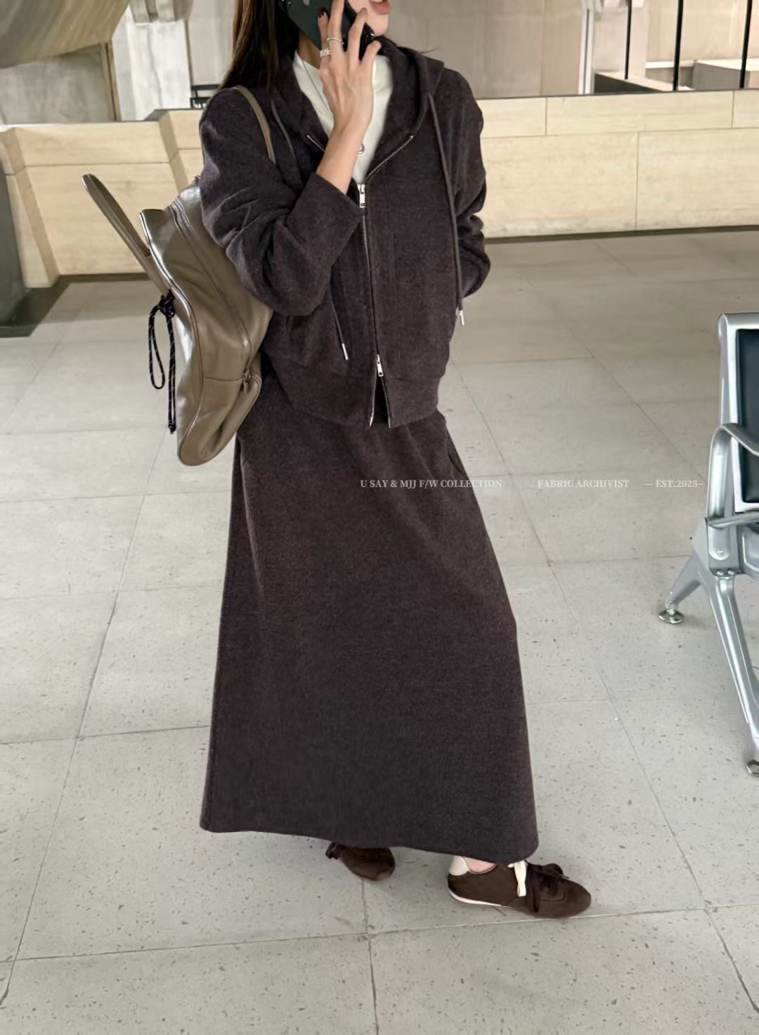 SY韩国新款时尚设计感连帽拉链宽松休闲磨毛卫衣休息直筒长裙套装