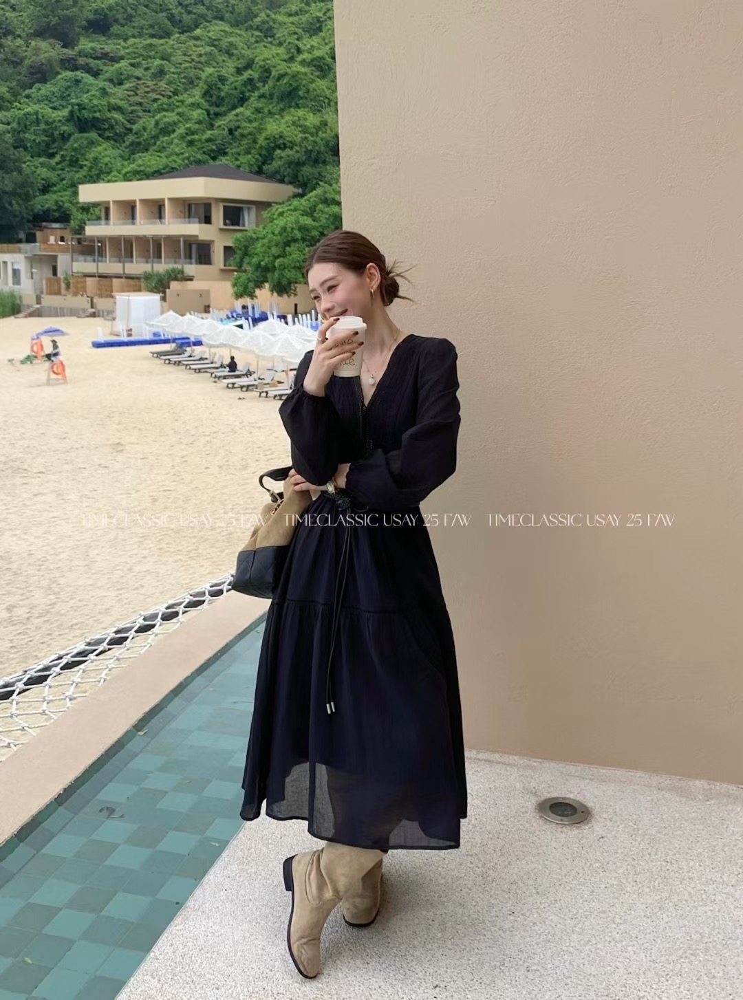 SY法式复古气质V领长袖花边连衣裙女收腰显瘦时尚百搭长裙配腰带