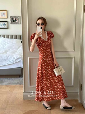 SY韩系新款时尚高品质V领碎花连衣裙女法式温柔气质收腰长裙茶歇