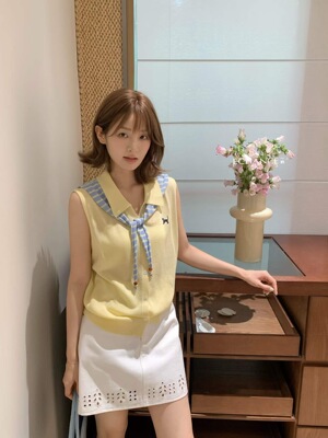 SY韩系新款时尚高品质翻领无袖针织背心女甜美披肩假两件显瘦上衣