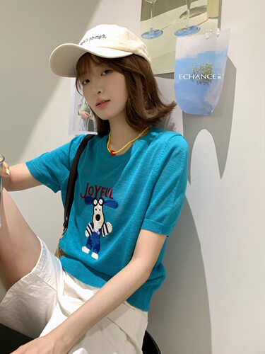 SY韩系新款时尚高品质圆领短袖卡通冰丝针织衫显瘦百搭上衣小衫