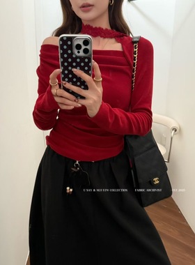 SY韩系时尚高品质一字肩露肩修身显瘦百搭长袖打底带蕾丝飘带上衣