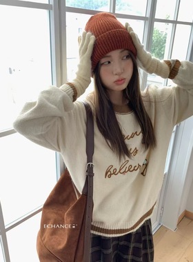 SY韩系新款时尚小众圆领通勤刺绣字母软糯针织衫女宽松显瘦毛衣