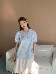 SY韩系新款时尚高品质通勤刺绣短袖学院领衬衫女精致森系文艺上衣