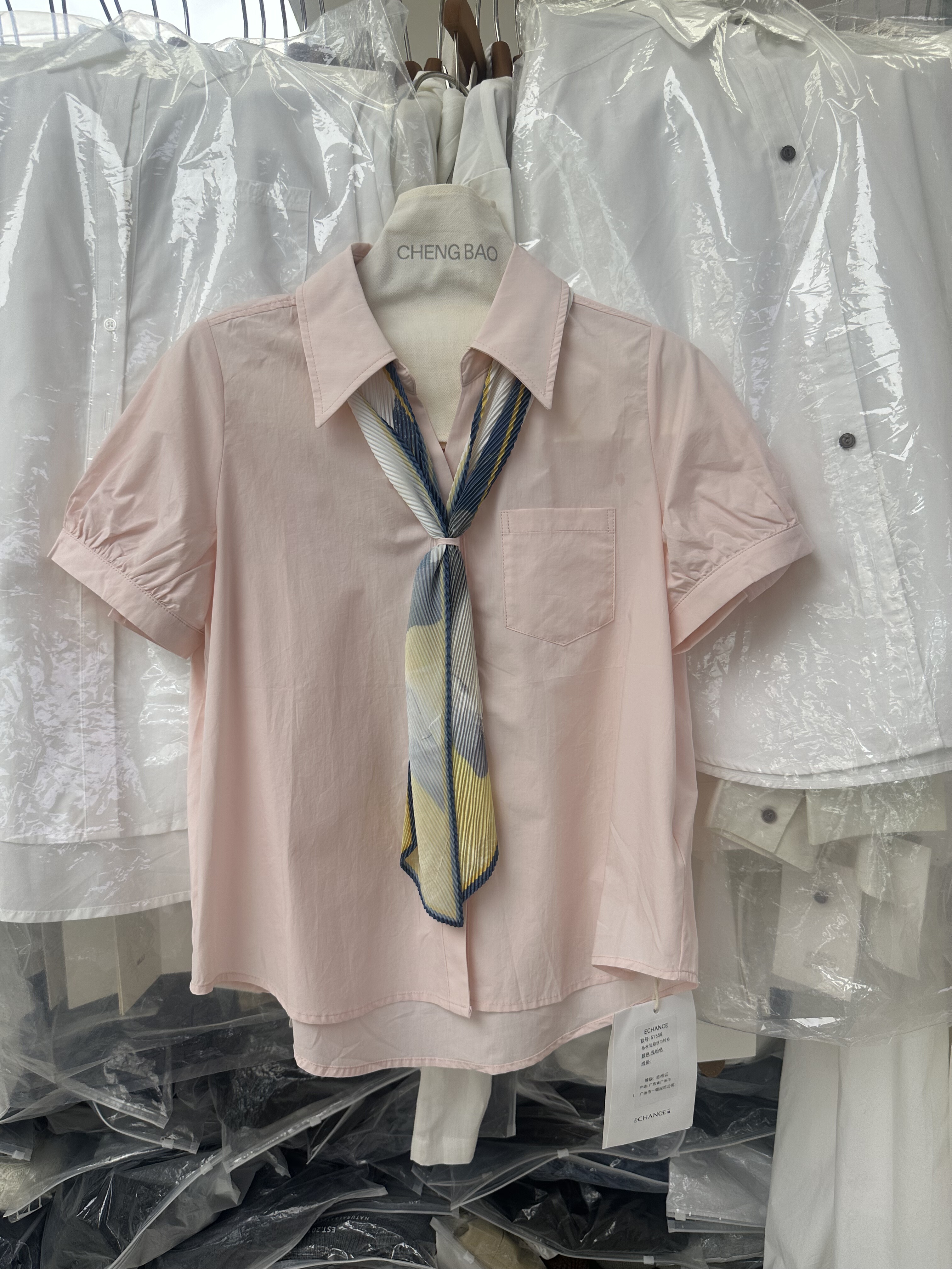 SY韩系新款时尚高品质翻领短袖衬衫女带丝巾领结甜美衬衣宽松上衣图片