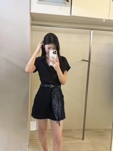 法式新款时尚设计感小众翻领短袖收腰系带显瘦气质减龄连衣裙女潮