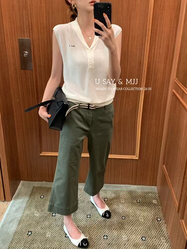 SY韩系新时尚高品质设计感V领短袖冰丝针织衫女百搭显瘦背心上衣