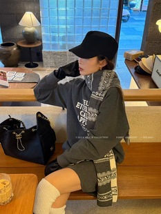 SY韩国新款休闲时尚圆领字母带围巾卫衣高腰短裤裙小个子三件套潮