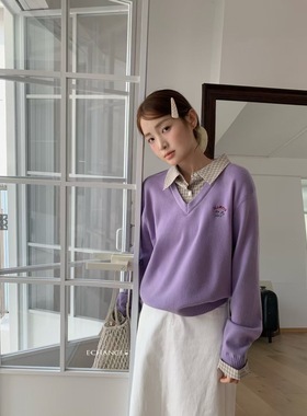 SY韩系新款时尚高品质假两件格子领拼接针织衫女毛衣学院上衣女