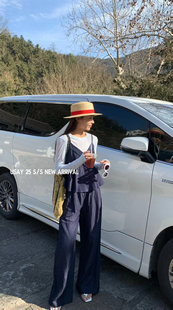 韓國(guó)新款 設(shè)計(jì)感花邊吊帶高腰直筒長(zhǎng)褲 兩件套套裝 小個(gè)子減齡女 時(shí)尚