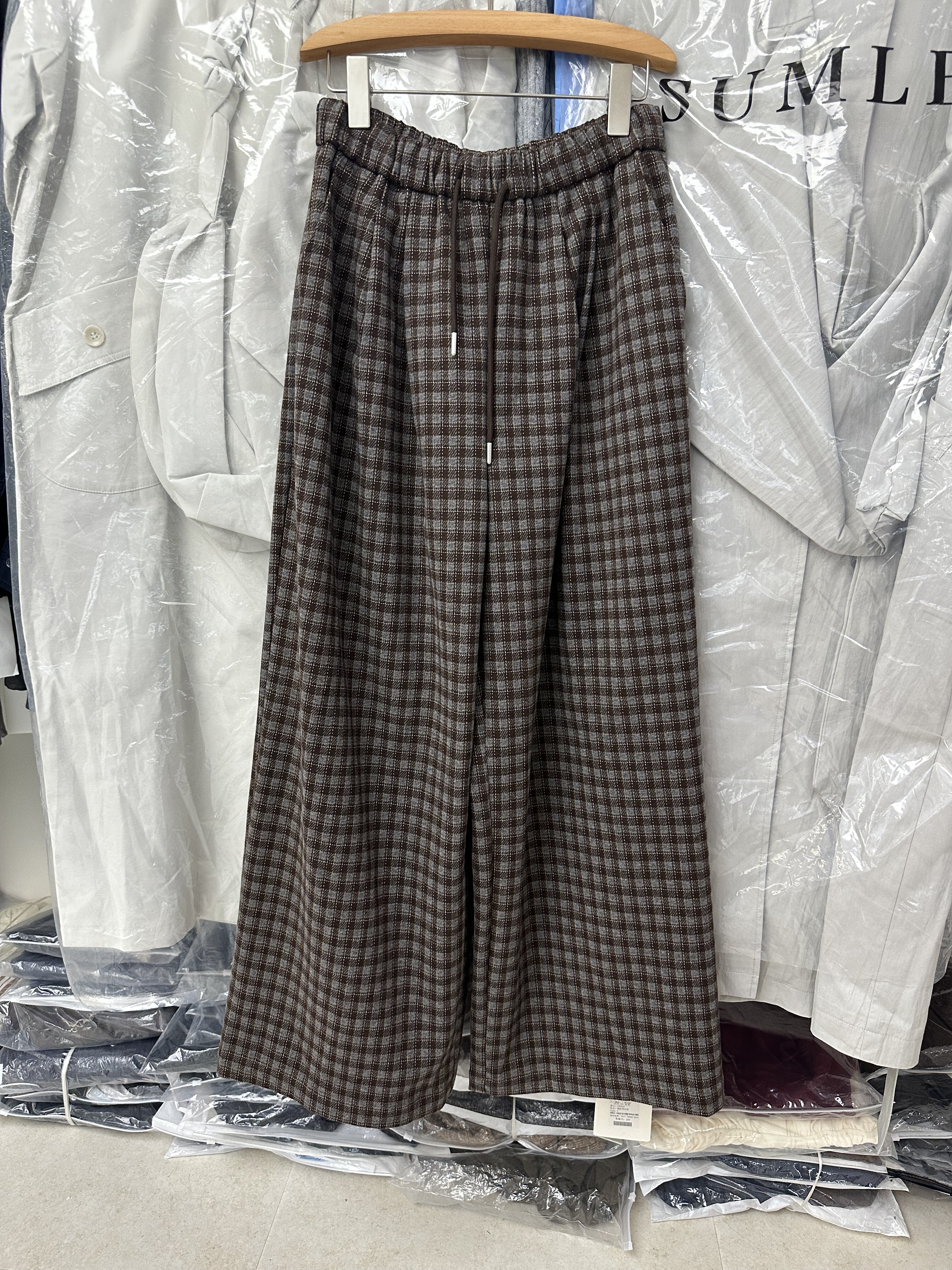 SY韩系新款时尚松紧腰抽绳格子休闲裤女宽松显瘦百搭直筒阔腿长裤