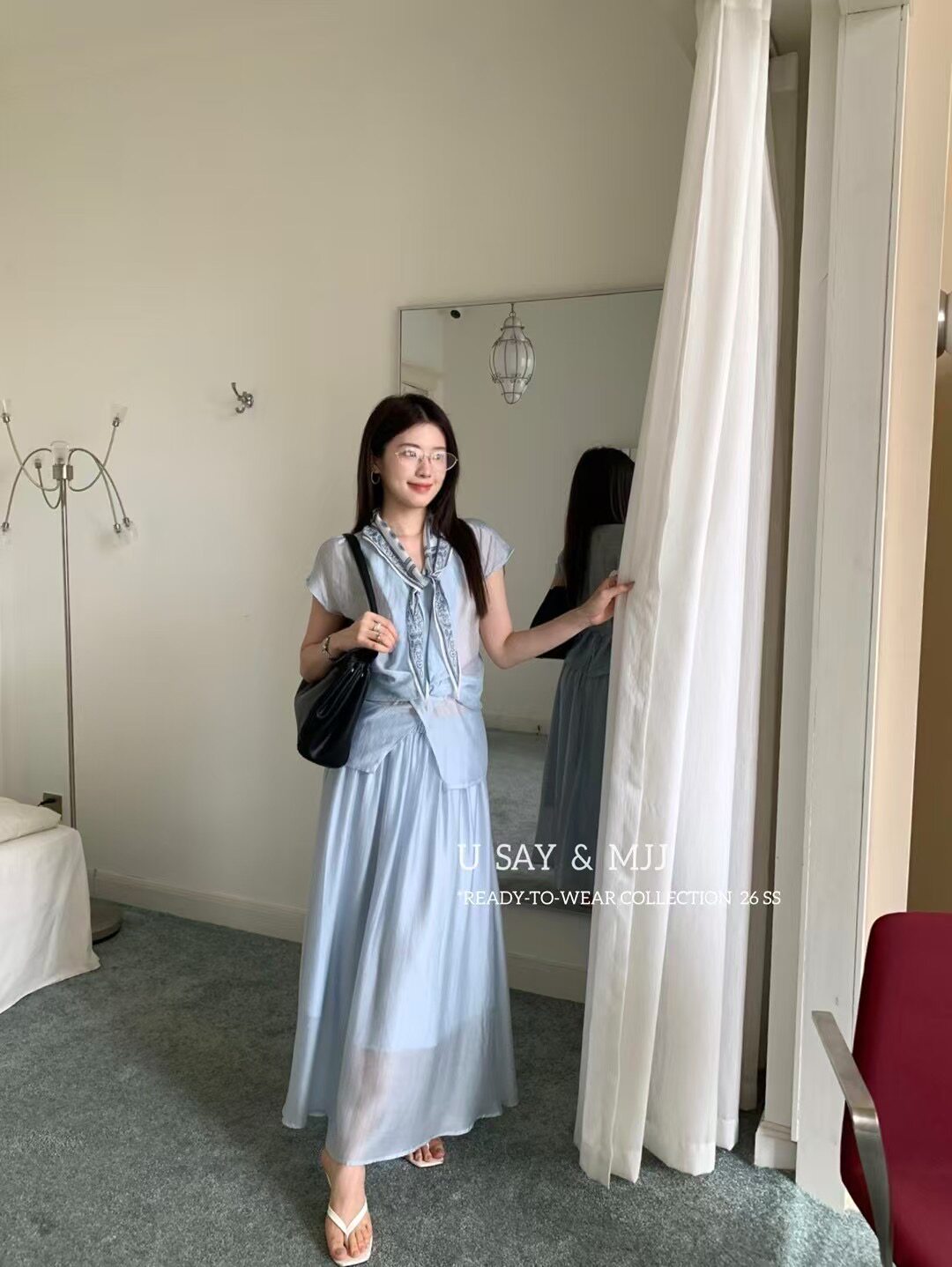 SY韩系新时尚高品质设计感V领带丝巾短袖上衣高腰半身裙气质套装