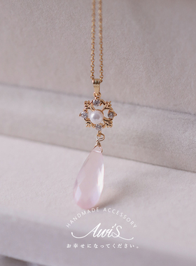 「雪樱」手作●原创天然粉晶水滴吊坠14K包金项链s925纯银锁骨链