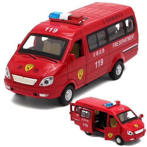原厂1/32经典面包消防车红色合金车模型可侧开门回力带声光玩具