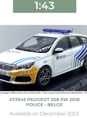 NOREV 1/43标致Peugeot 308 SW 2018 Police警车白色合金汽车模型