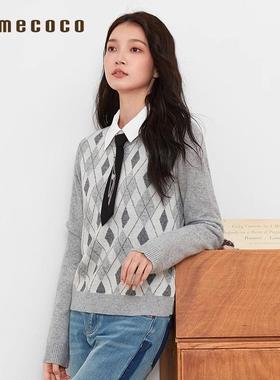 Famecoco折扣店学院风菱格纹圆领毛衣短款羊毛针织衫FAB6DB005