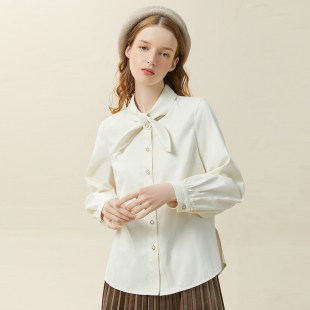 Famecoco折扣店法式 通勤加厚密丝绒衬衣F228BH002 气质蝴蝶领衬衫