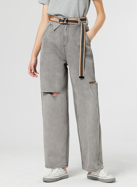 Famecoco折扣店时尚破洞牛仔裤阔腿裤宽松直筒休闲裤F223GA022