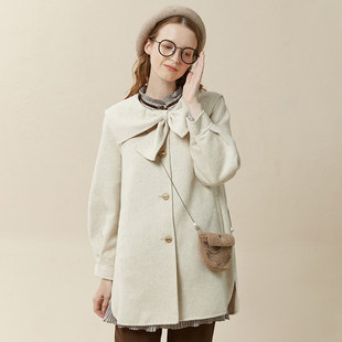 Famecoco范可儿灯笼袖 宽松蝴蝶领羊毛外套F228AR012 毛呢大衣短款