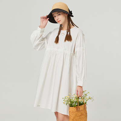 Famecoco折扣店文艺森系泡泡袖A字裙宽松短款纯棉连衣裙F223FA055
