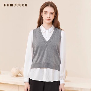 马夹叠穿FAC1CA021 Famecoco范可儿简约气质V领套头针织马甲短款