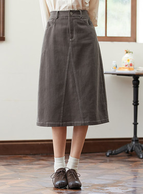Famecoco折扣店简约时尚A字开叉半身裙梨形显瘦牛仔裙F225CA013