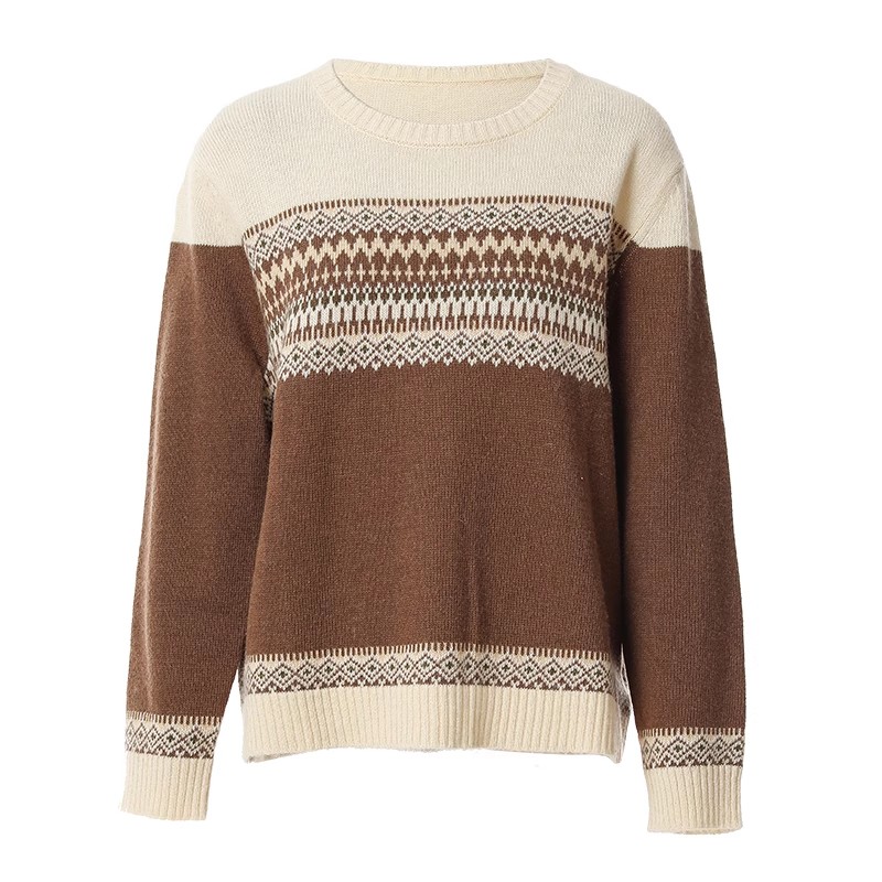复古提花拼色套头毛衣宽松羊毛衫