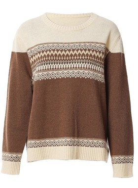 Famecoco折扣店复古提花套头毛衣慵懒宽松绵羊毛针织衫FAB8DB021