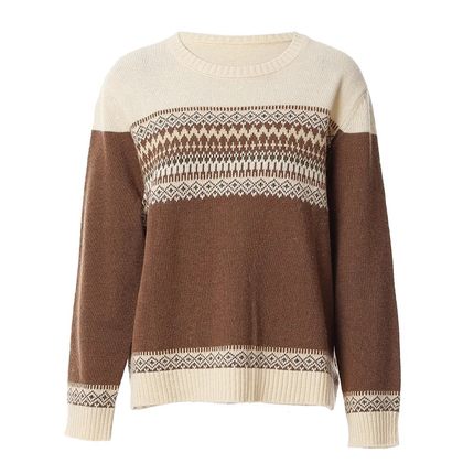 Famecoco折扣店复古提花套头毛衣慵懒宽松绵羊毛针织衫FAB8DB021