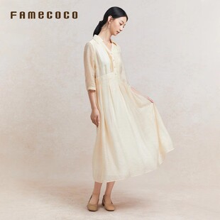 Famecoco折扣店职场通勤优雅天丝衬衫裙显瘦v领连衣裙FAC3FA038
