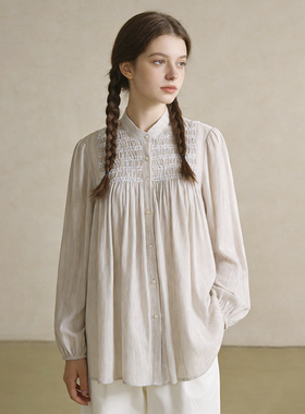 Famecoco范可儿文艺棉麻小立领衬衫百搭宽松灯笼袖衬衣FAB1BH007