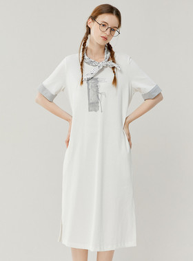 Famecoco折扣店宽松休闲印花T恤裙直筒纯棉短袖连衣裙FAB3FA079