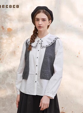 Famecoco文艺范绞花针织马甲短款百搭纯色开襟马夹叠穿FAC1CA012