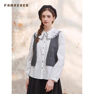 百搭纯色开襟马夹叠穿FAC1CA012 Famecoco文艺范绞花针织马甲短款