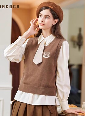 Famecoco折扣店百搭学院风针织马甲短款纯色套头背心FAB8CA031