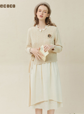 Famecoco折扣店温柔气质套装裙花边领连衣裙毛衣两件套F228EA001