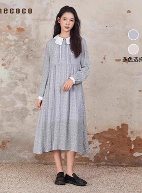 【淡雅碎花连衣裙】Famecoco范可儿撞色拼接花边领长裙FAB6FA021