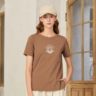 正肩圆领T恤上衣F223BB006 Famecoco折扣店休闲减龄小熊印花短袖