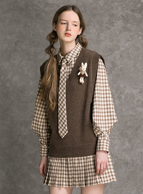 Famecoco折扣店学院风套裙短款格纹衬衫裙针织马甲套装D216EA301