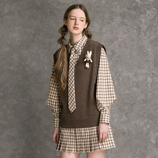 D216EA301 裙针织马甲套装 Famecoco折扣店学院风套裙短款 格纹衬衫