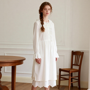 Famecoco折扣店温柔浪漫刺绣宽松连衣裙F221FA007 花边领长裙