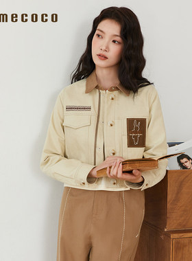 Famecoco折扣店复古港风短款翻领夹克刺绣拼接上衣外套FAB6AB001