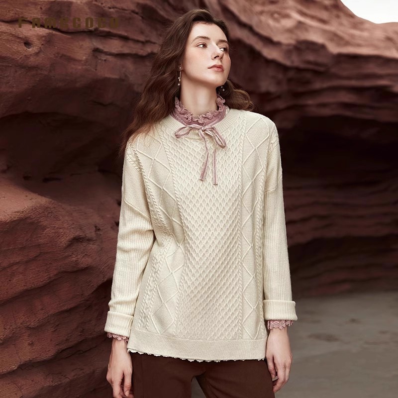 复古绞花套头毛衣宽松保暖针织衫