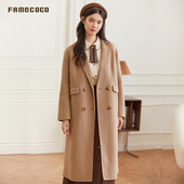 Famecoco折扣店气质简约翻领大衣长款 通勤宽松毛呢外套F228AQ005