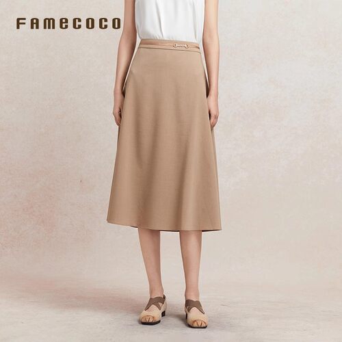 Famecoco折扣店优雅通勤A字半身裙简约西装裙显瘦摆裙FAC3HA025