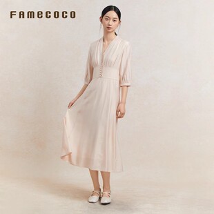 Famecoco折扣店温柔气质风长裙收腰显瘦V领七分袖连衣裙FAC3FA014