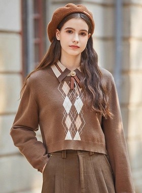 Famecoco折扣店学院菱格提花短款套头毛衣圆领针织衫FAB8DB045