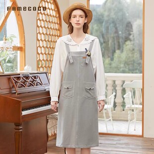 Famecoco学院风减龄直筒背带裙宽松显瘦中长款 连衣裙FAB1FE005